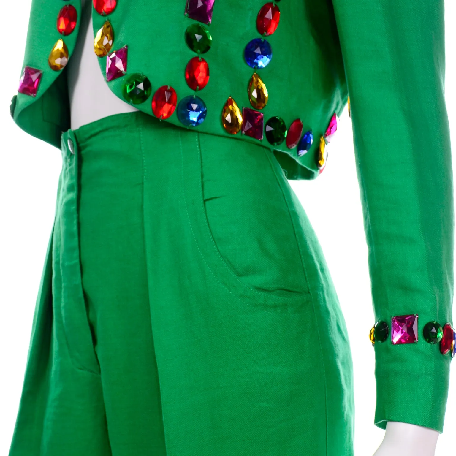 Vintage Escada Margaretha Ley Green Linen Pantsuit With Jeweled Cropped Jacket