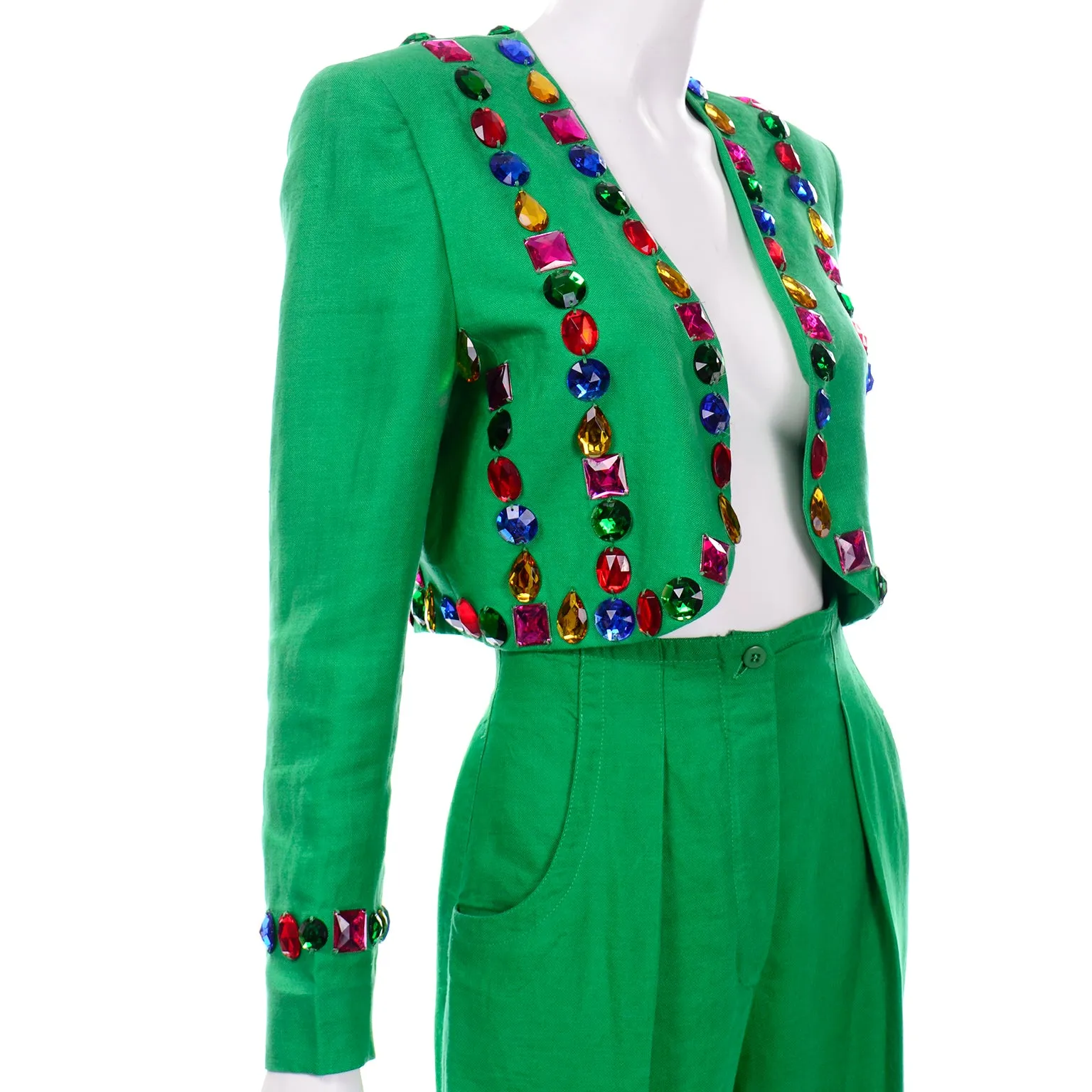 Vintage Escada Margaretha Ley Green Linen Pantsuit With Jeweled Cropped Jacket