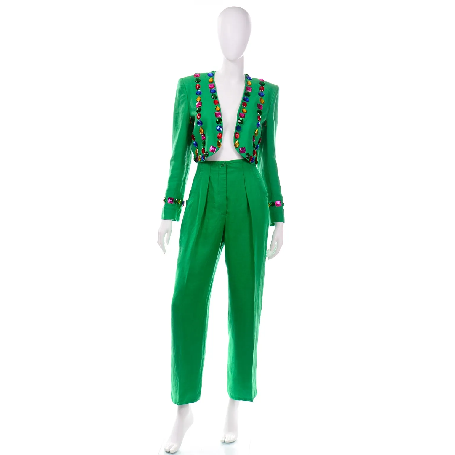 Vintage Escada Margaretha Ley Green Linen Pantsuit With Jeweled Cropped Jacket