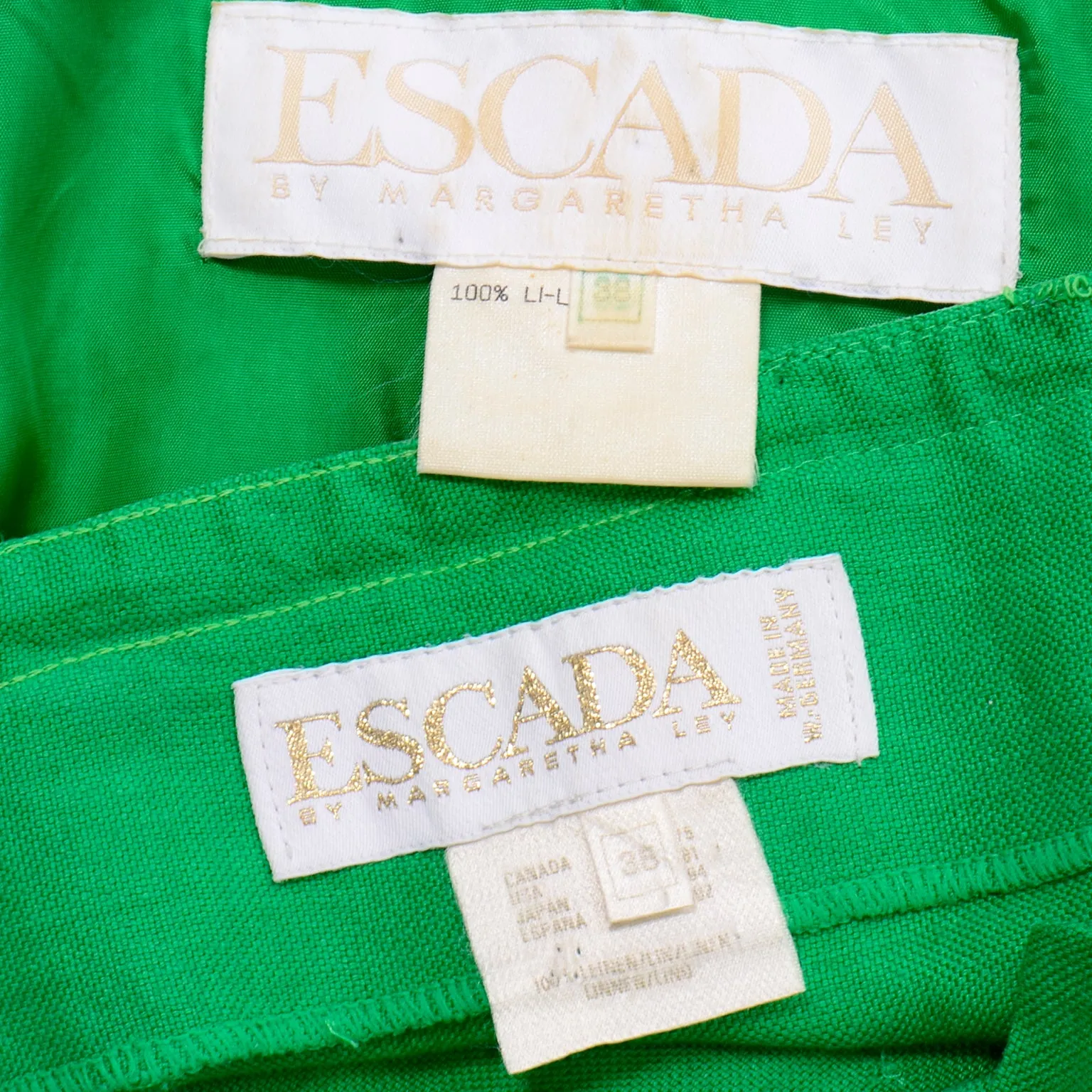 Vintage Escada Margaretha Ley Green Linen Pantsuit With Jeweled Cropped Jacket