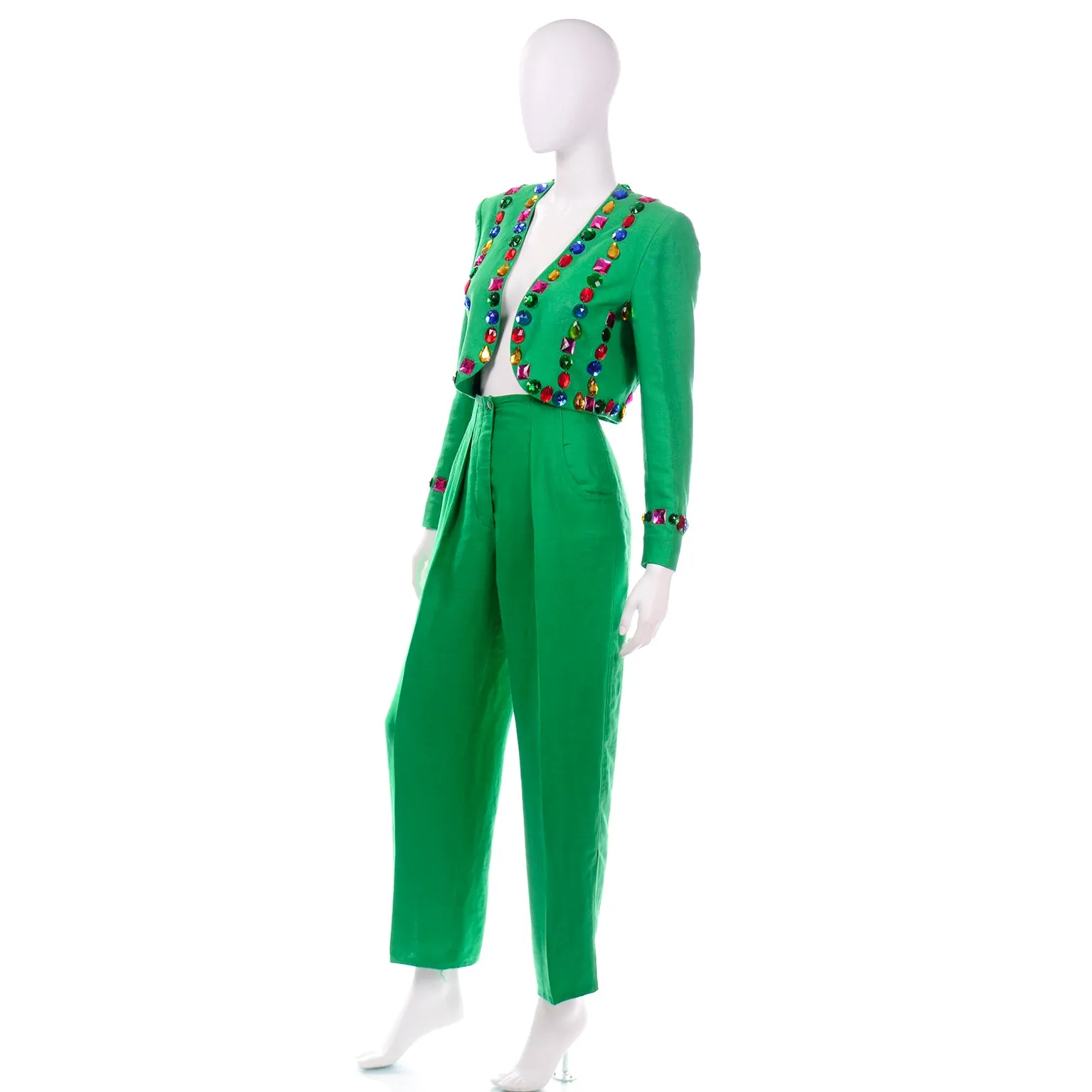 Vintage Escada Margaretha Ley Green Linen Pantsuit With Jeweled Cropped Jacket