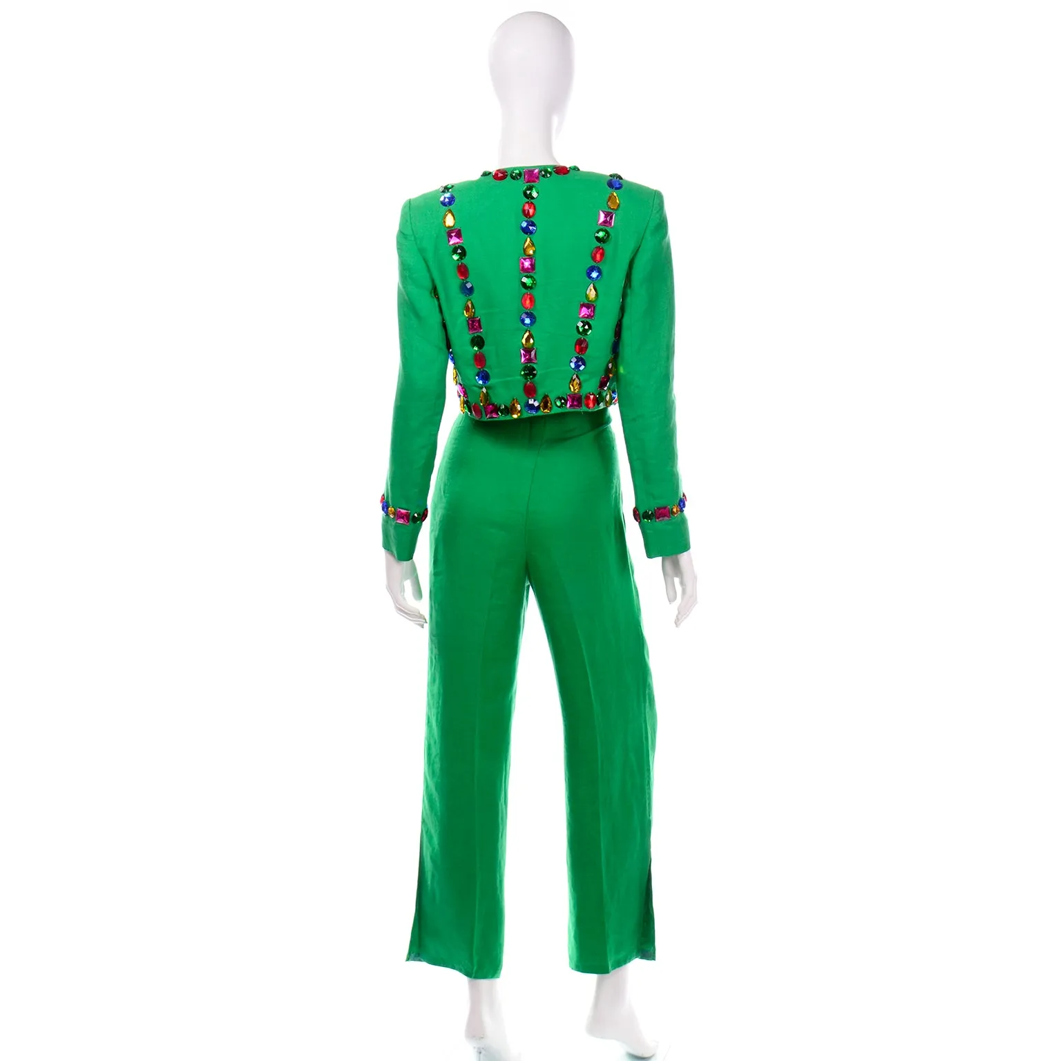 Vintage Escada Margaretha Ley Green Linen Pantsuit With Jeweled Cropped Jacket