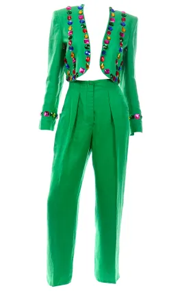 Vintage Escada Margaretha Ley Green Linen Pantsuit With Jeweled Cropped Jacket