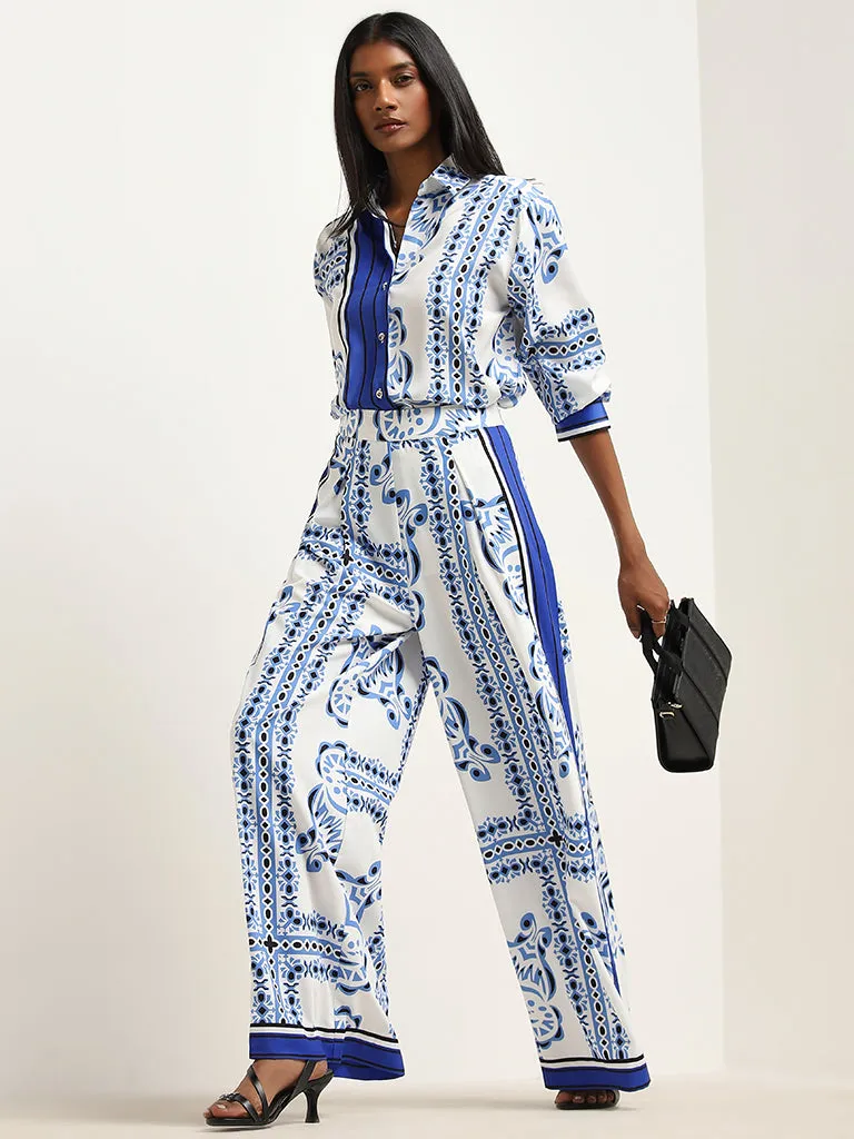 Wardrobe Ivory & Blue Printed Flared High-Rise Trousers