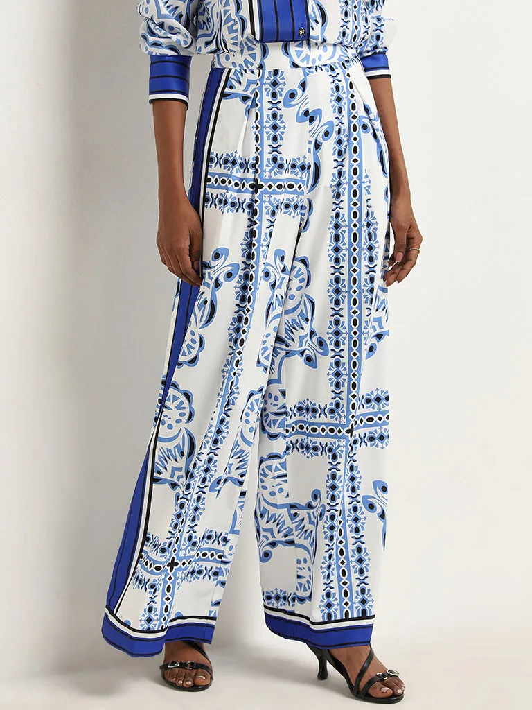 Wardrobe Ivory & Blue Printed Flared High-Rise Trousers