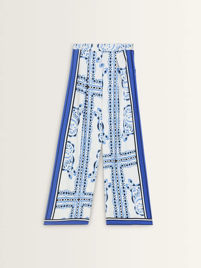 Wardrobe Ivory & Blue Printed Flared High-Rise Trousers