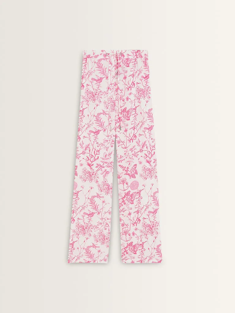 Wardrobe Pink Foliage Pattern Flared Mid-Rise Trousers