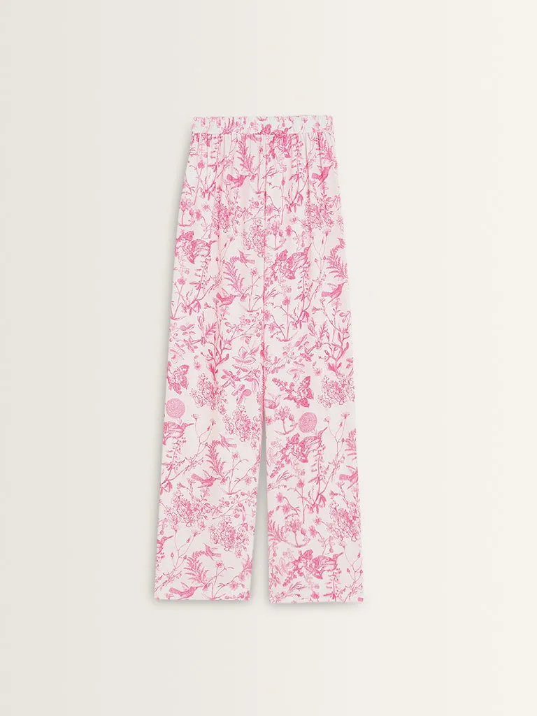 Wardrobe Pink Foliage Pattern Flared Mid-Rise Trousers