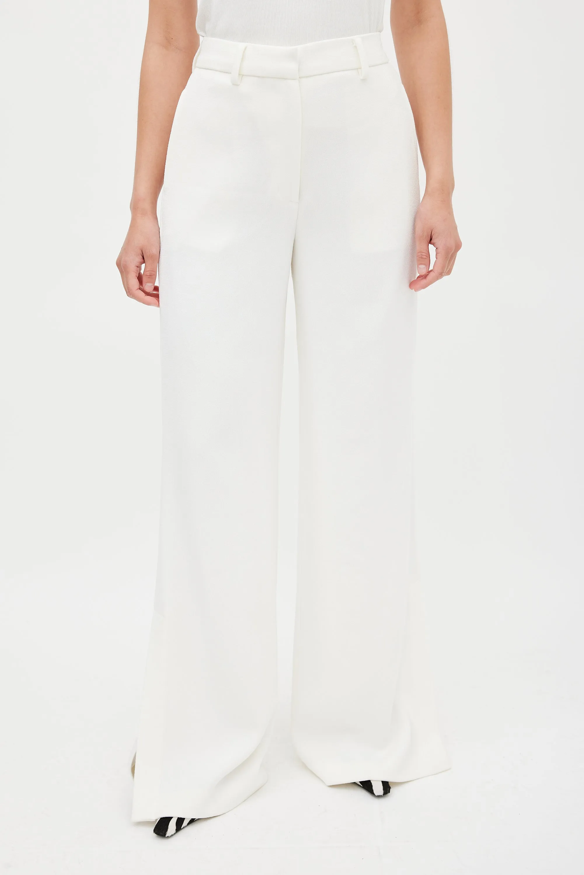 White Wide Flared Split Trouser