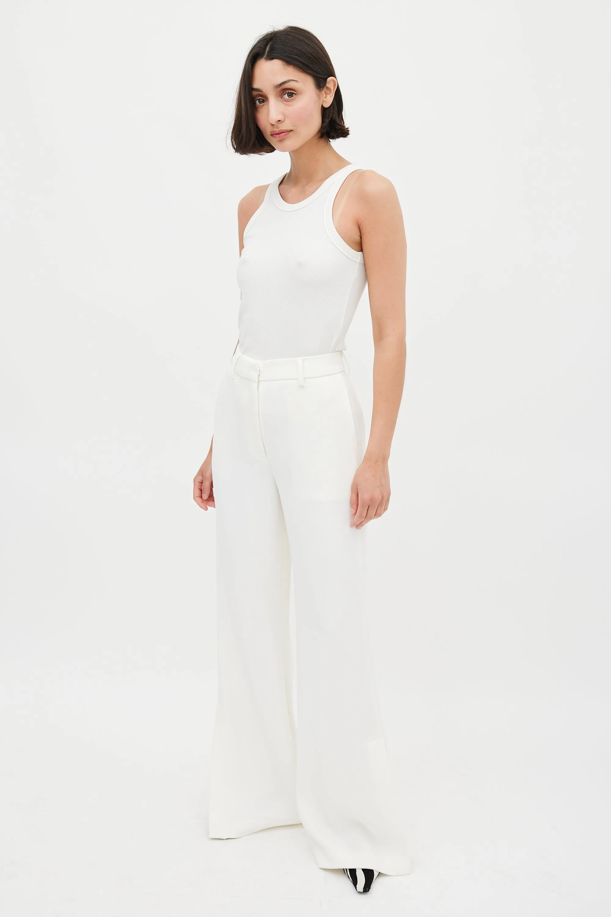 White Wide Flared Split Trouser