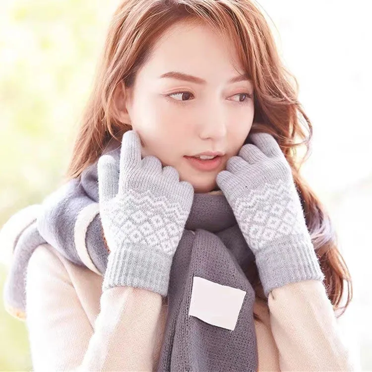 Winter Touch Screen Gloves Women Men Warm Stretch Knit Mittens Imitation Wool Thicken Full Finger Gloves(C-Blue)