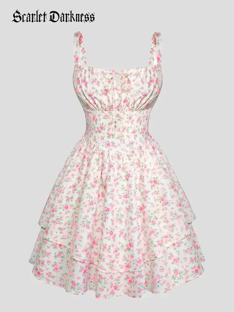 Women Floral Rose Puffy Corset Dress 2-Layer Midi Dress