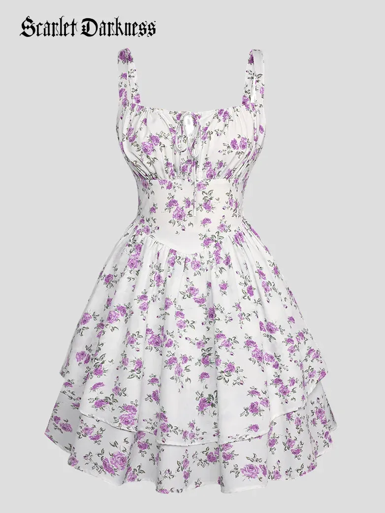 Women Floral Rose Puffy Corset Dress 2-Layer Midi Dress