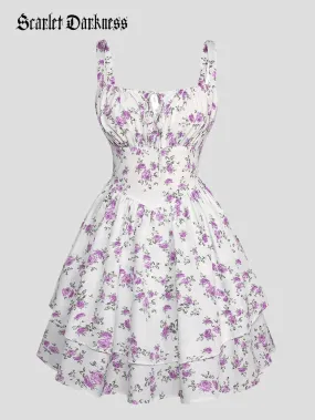 Women Floral Rose Puffy Corset Dress 2-Layer Midi Dress