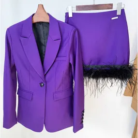 Women Luxury One Button Purple Blazer   Mid-High Rise Faux Fur Mini Skirt Suit