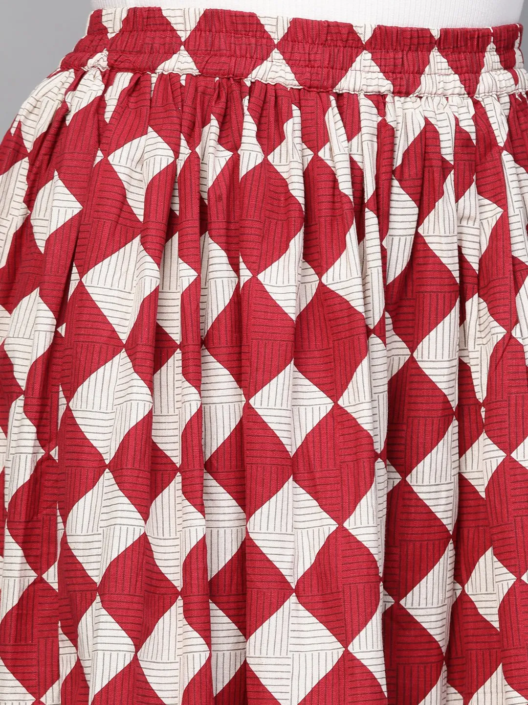 Women Maroon & White Checkerd Printed Flared Skirt