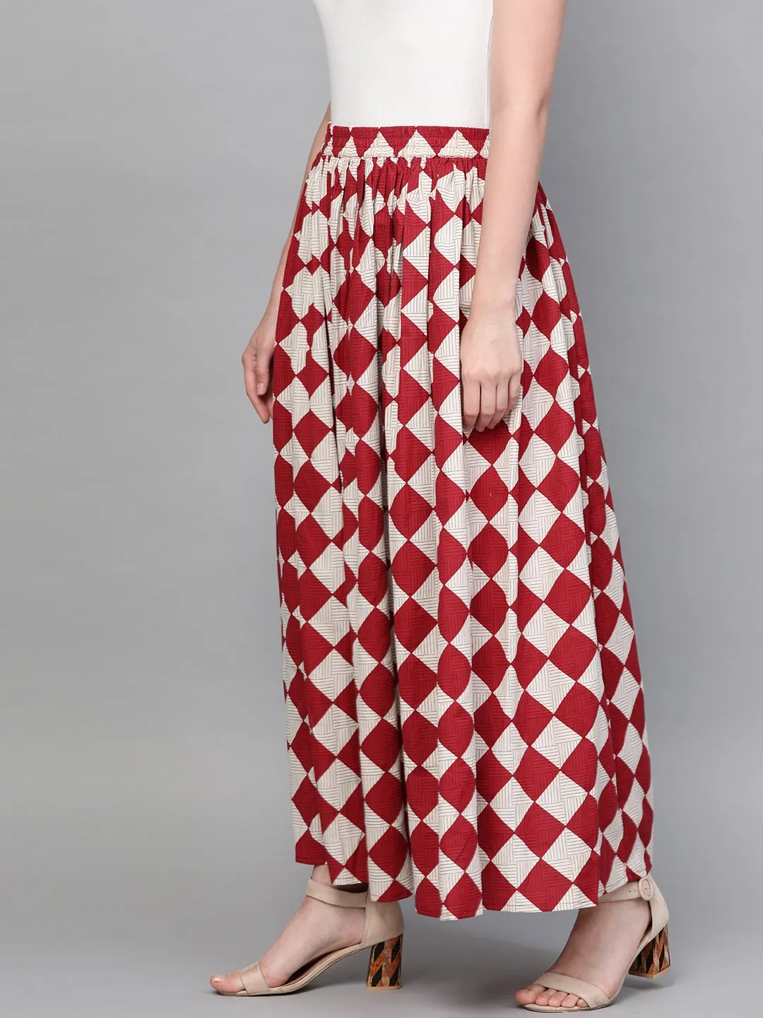 Women Maroon & White Checkerd Printed Flared Skirt