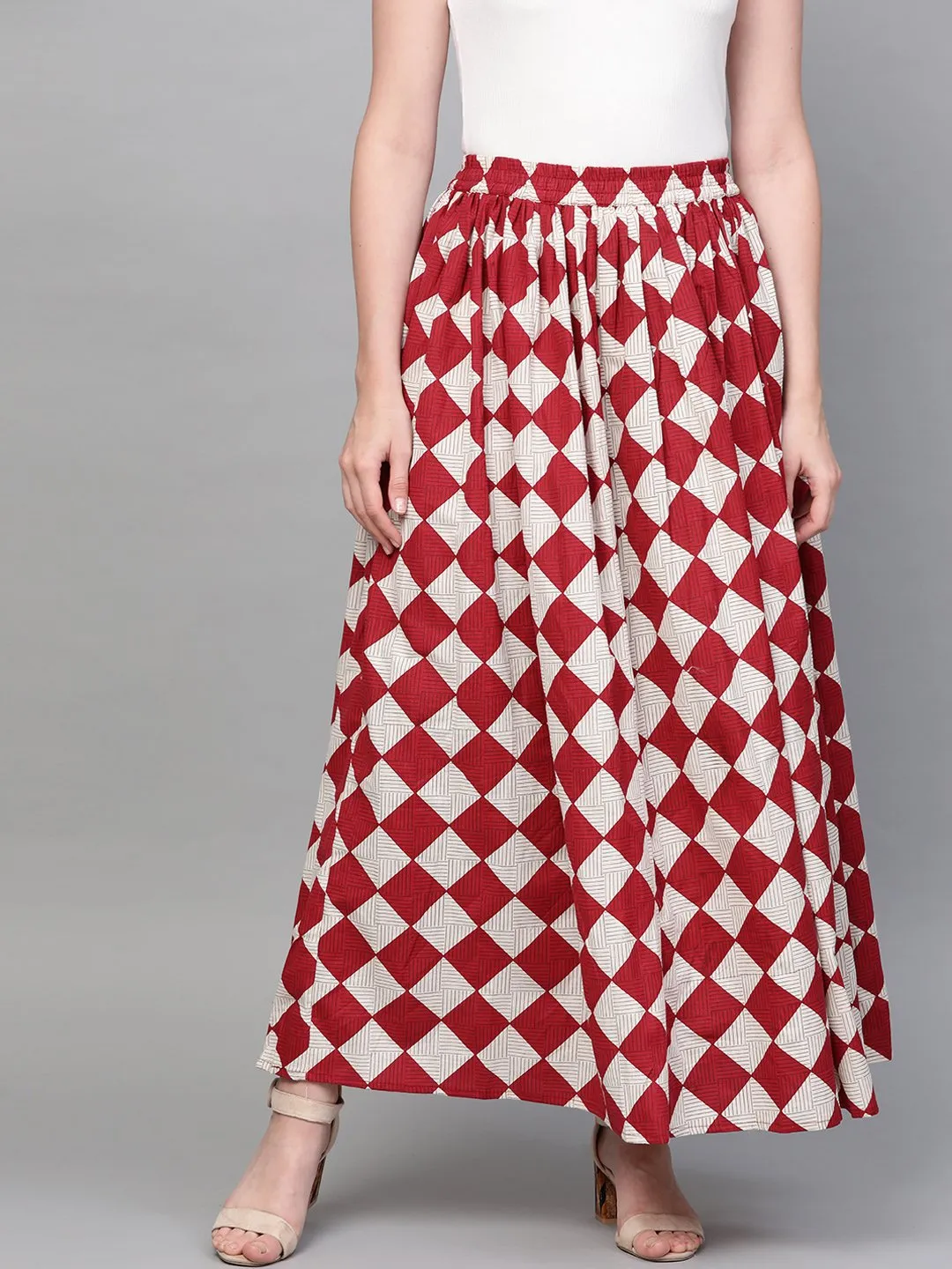 Women Maroon & White Checkerd Printed Flared Skirt