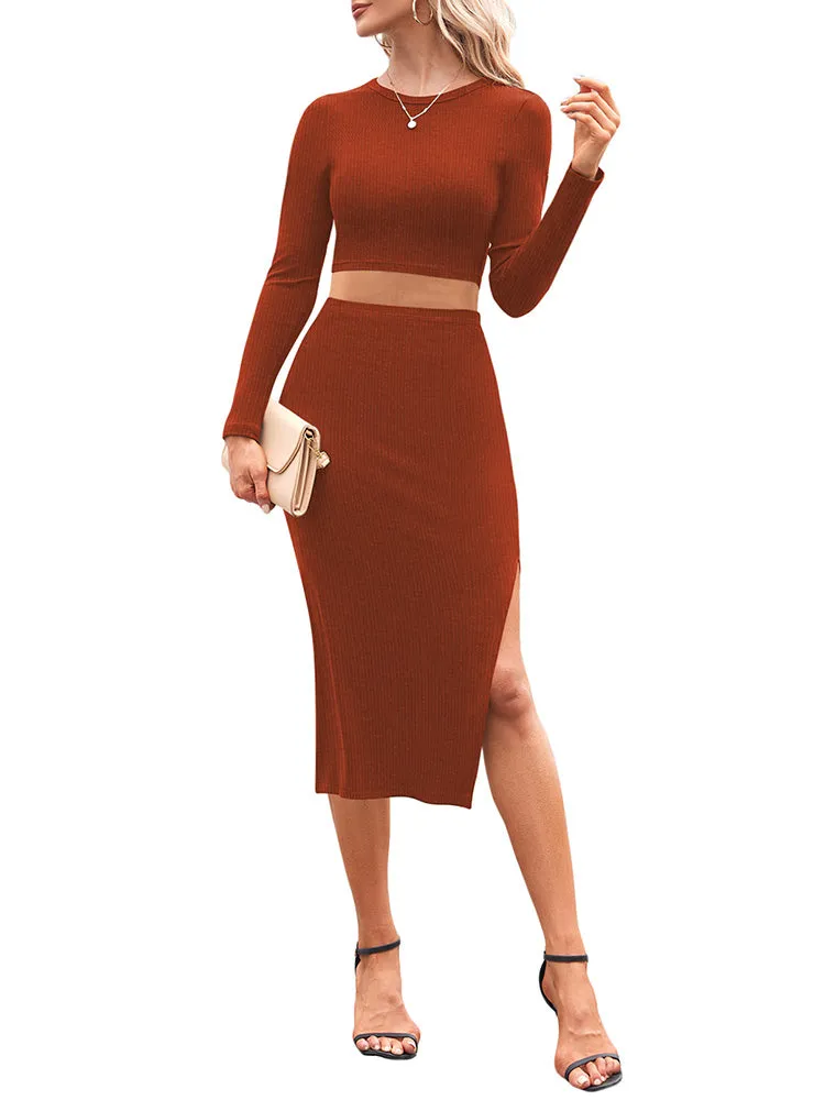 Women's 2 Piece Outfits Set Long Sleeve Crop Top Bodycon Slit Midi Skirt Sets