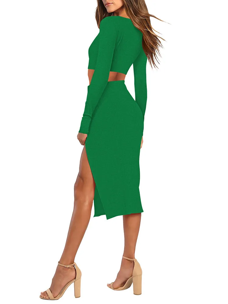 Women's 2 Piece Outfits Set Long Sleeve Crop Top Bodycon Slit Midi Skirt Sets