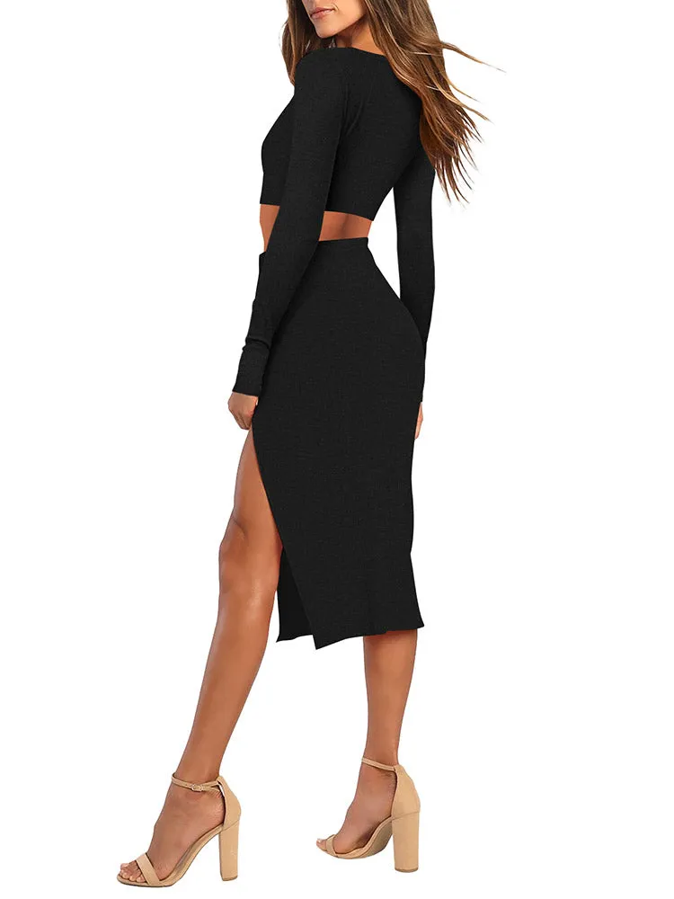 Women's 2 Piece Outfits Set Long Sleeve Crop Top Bodycon Slit Midi Skirt Sets