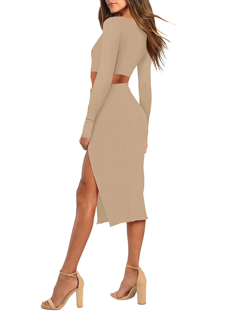 Women's 2 Piece Outfits Set Long Sleeve Crop Top Bodycon Slit Midi Skirt Sets