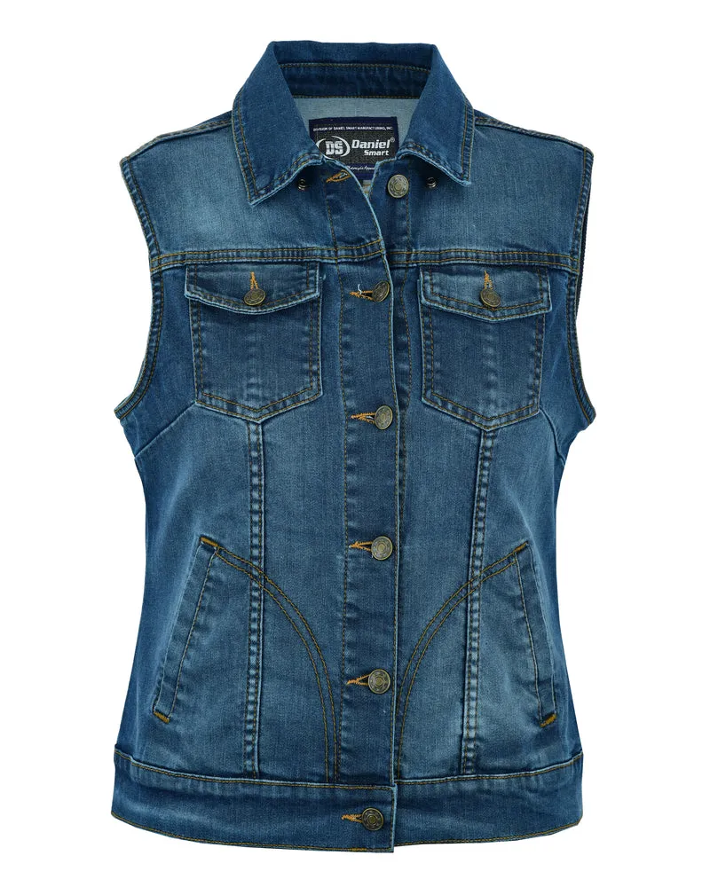 Women's Blue Washed Denim Snap Front Vest