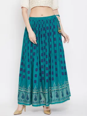 Women'S Turquoise Flared Printed Skirt